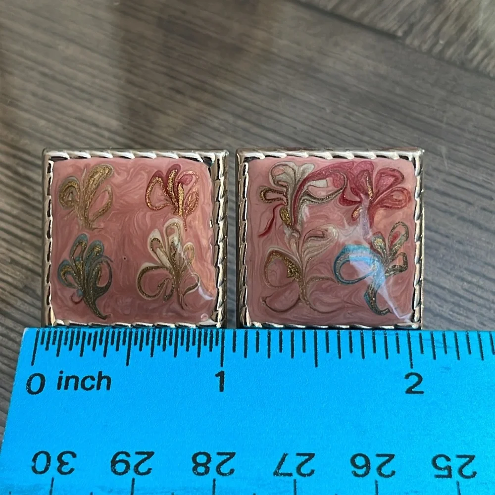 Vintage Square Rose Pink Swirled Pearlized Enamel Clip Earrings - Picture 7 of 15